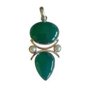 Sterling Silver Green Onyx Pendant With 2 Pearls Large 2 inch Statement Piece